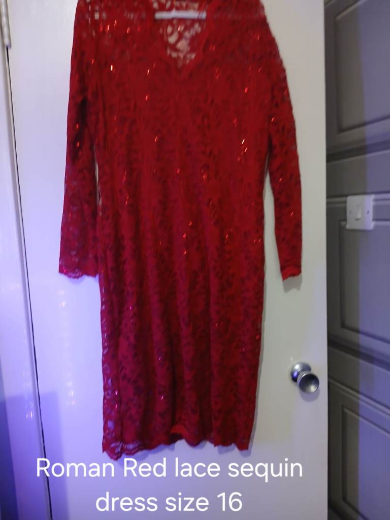 Roman Red Lace Sequin Dress, Size 16