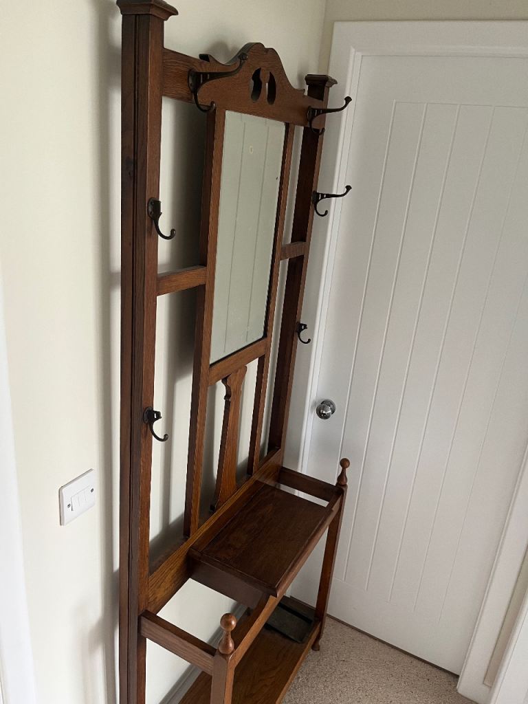 Solid Wood Hall Stand with Mirror and Coat Hooks – Good Condition