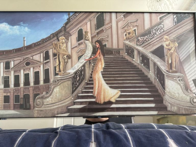 Framed Glass Wall Art: Woman on Grand Staircase, Multicoloured