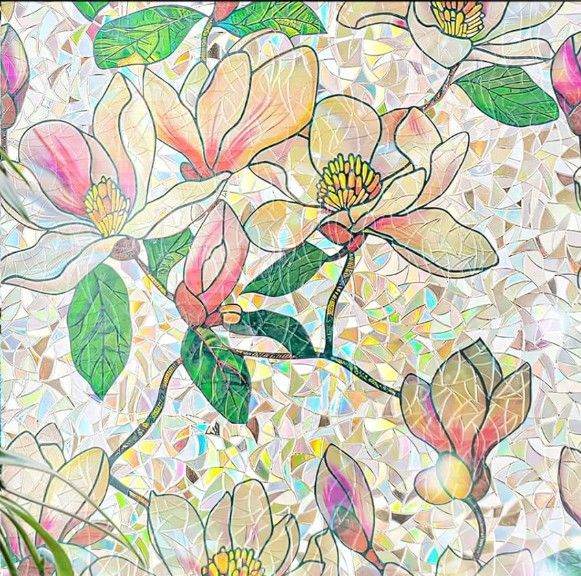 🌸 Magnolia Stained Glass Window Film – BRAND NEW (90×200cm) – Static Cling Sticker 