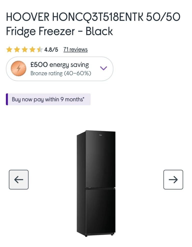 Hoover HONCQ3T518ENTK 50/50 Fridge Freezer - Black, Brand New