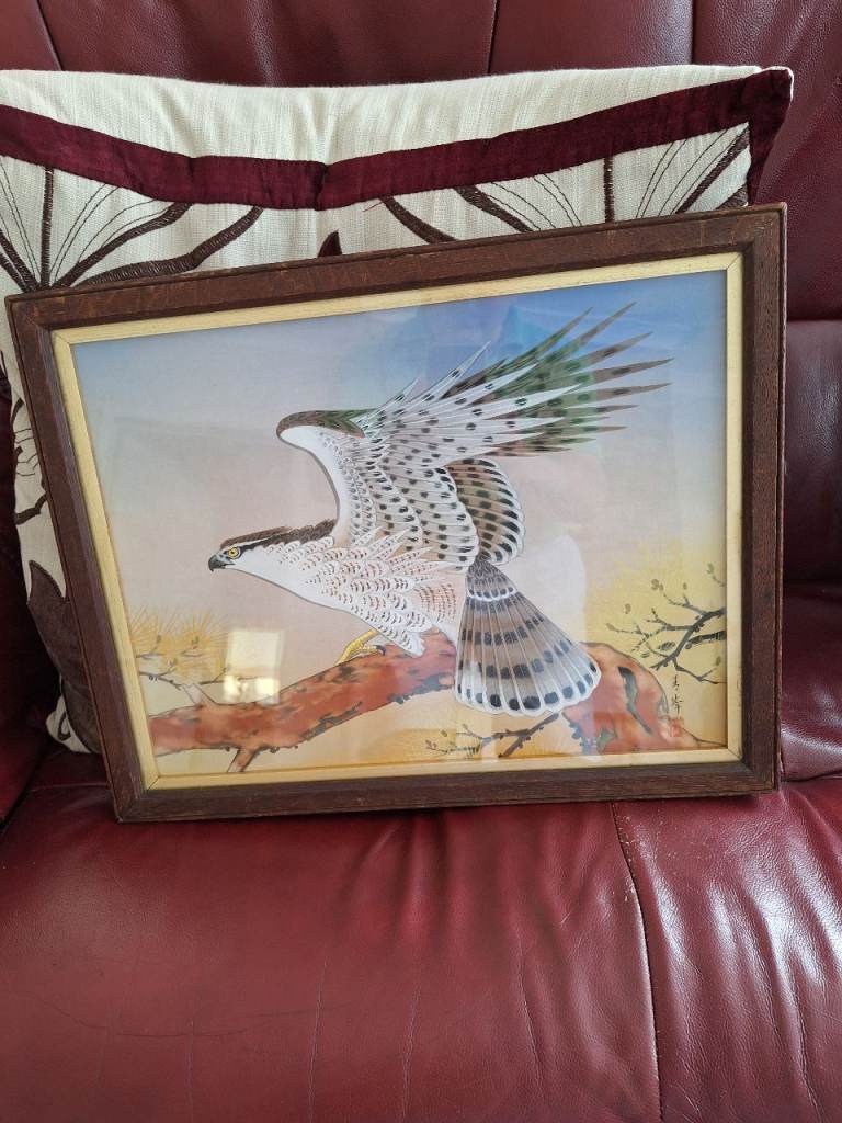 Vintage Framed Oriental Bird Painting with Red Seal on Silk