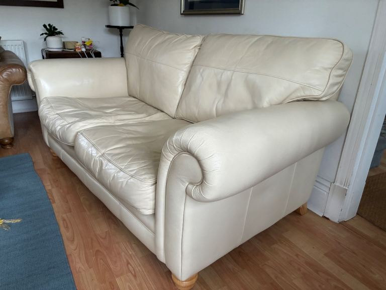 Cream leather 2-seater sofa