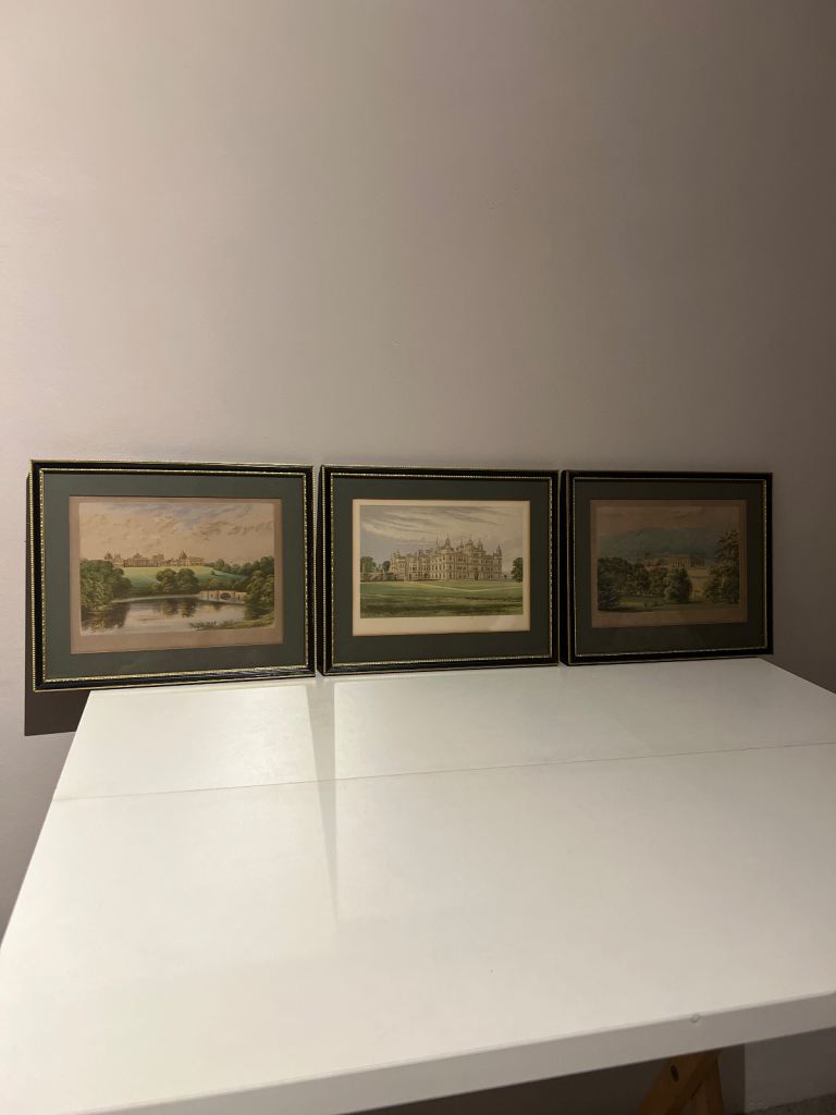 Set of Three Framed Victorian Pictures of English Country Estates | Decorative Wall Art