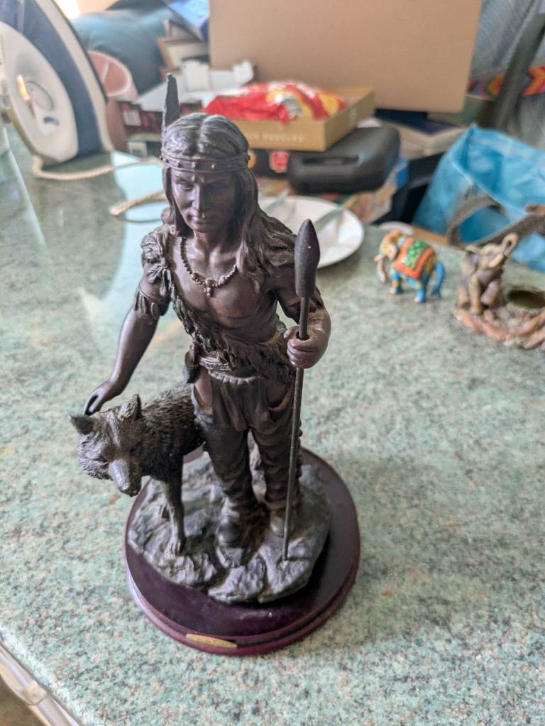 Native American Indian & Wolf Figurine – Decorative Statue