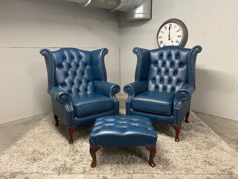 PAIR OF CHESTERFIELD QUEEN ANNE CHAIRS + FOOTSTOOL DELIVERY AVAILABLE 