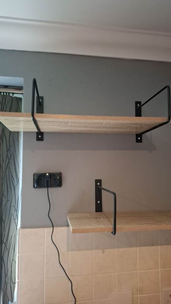 Four Wooden Wall Shelves with Black Metal Brackets – Good Condition