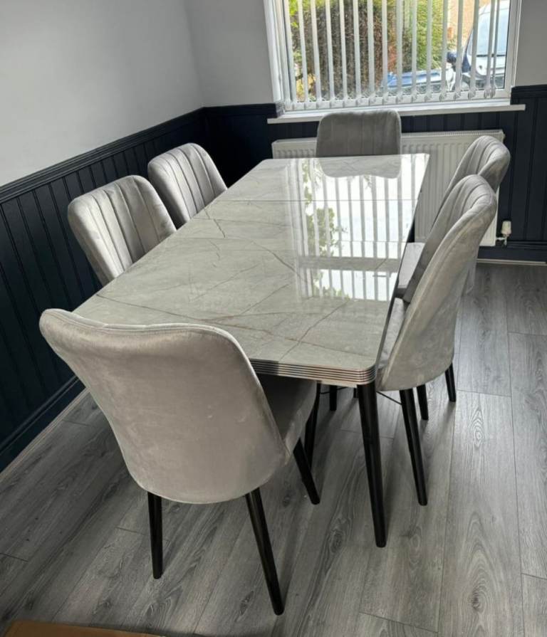 Stylish 6 Seater Dining Table Set with Velvet Chairs