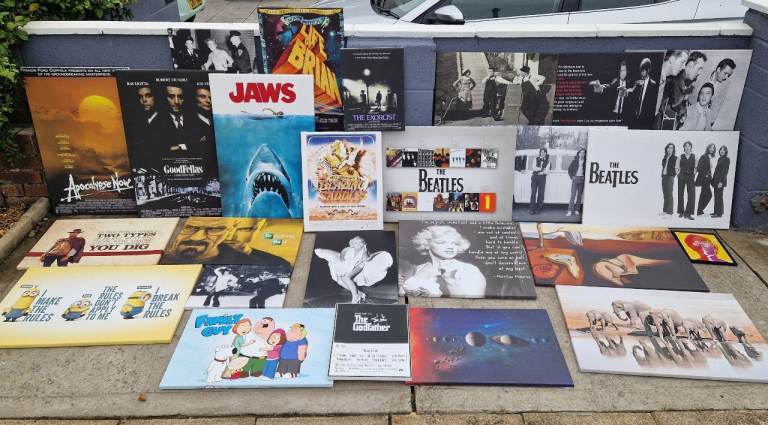 Large Bundle Of Canvas Wall Art / Movie Prints / Beatles / Jaws / Goodfellas
