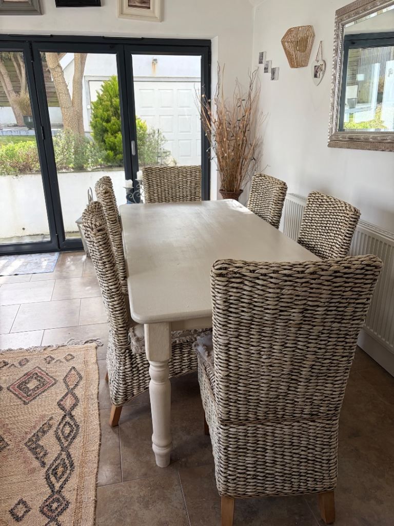 Cream Dining Table & 6 Woven Rattan Chairs – Good Condition