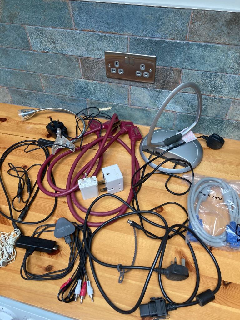 Various Cables, TV Antenna, and Plugs