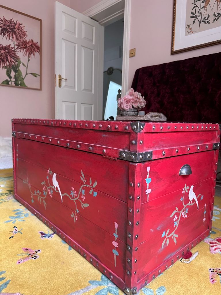 Hand-painted wooden storage trunk / blanket box
