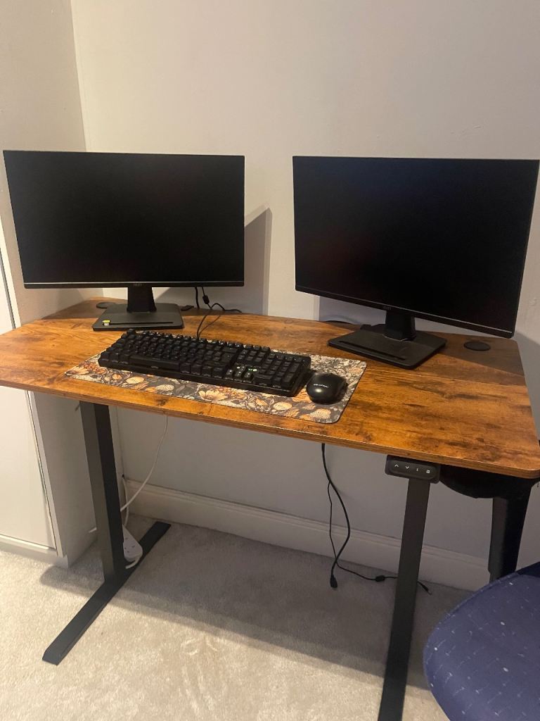 Electric Standing Desk 2 monitors and chair