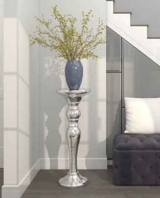 Silver Glass Mosaic Mirrored Turned Floor Pedestal Table