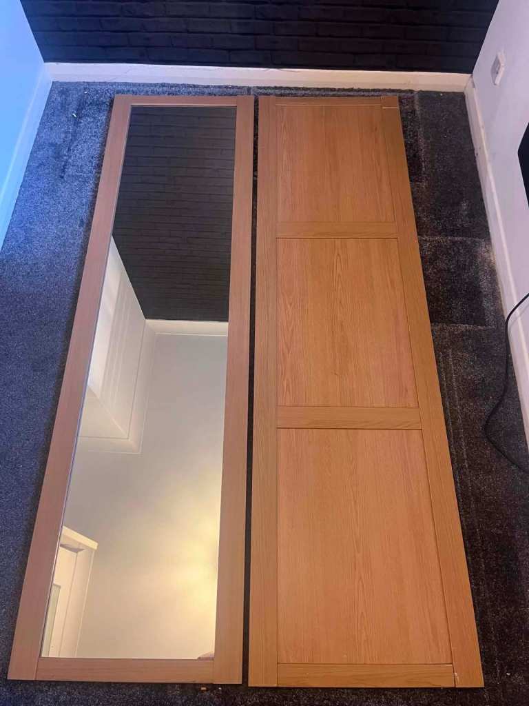 Pair of Light Wood Wardrobe Sliding Doors with Mirror Panel