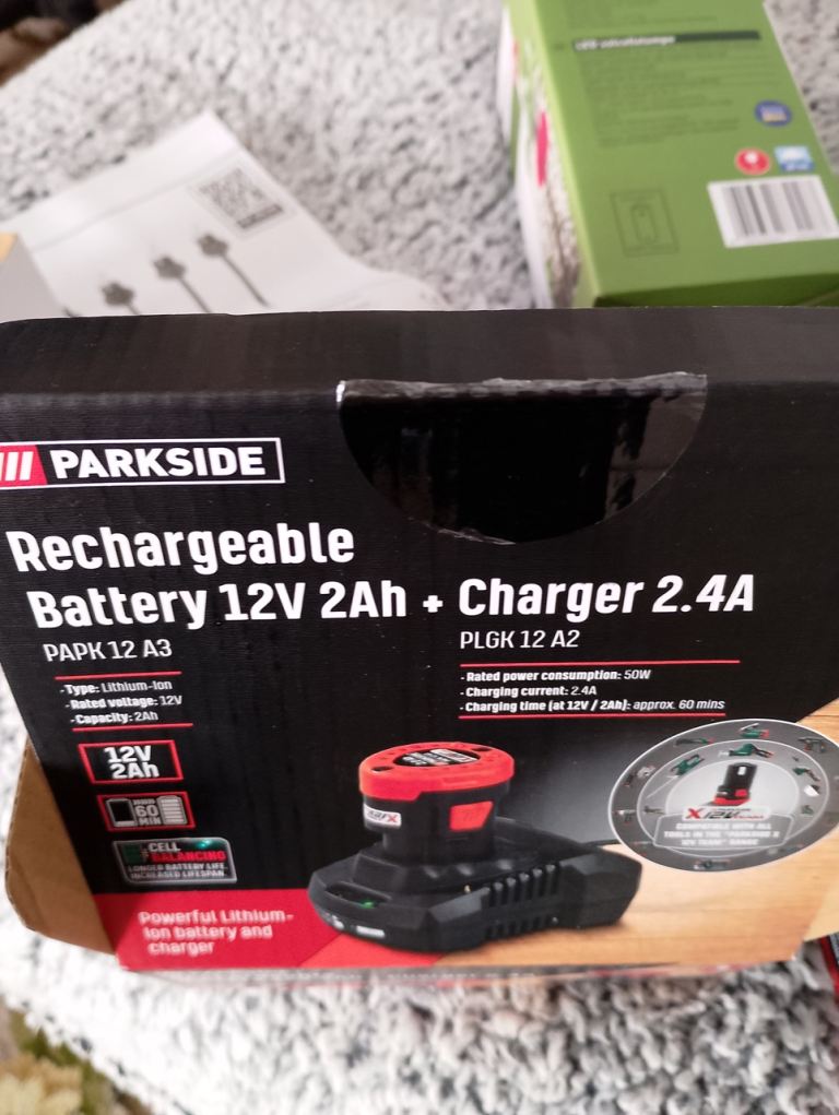 Two new in box Parkside 12v Batteries and two Battery Chargers.