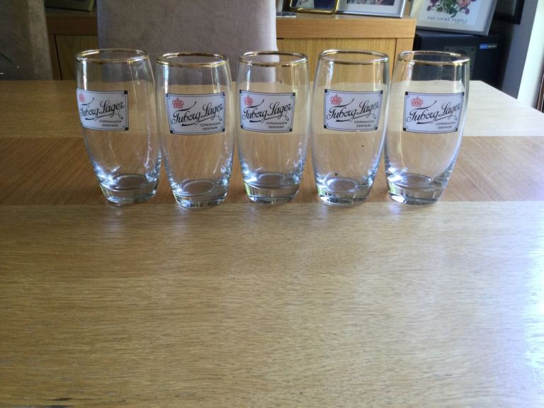 Five vintage 1950’s very collectable Tuborg Danish lager glasses.