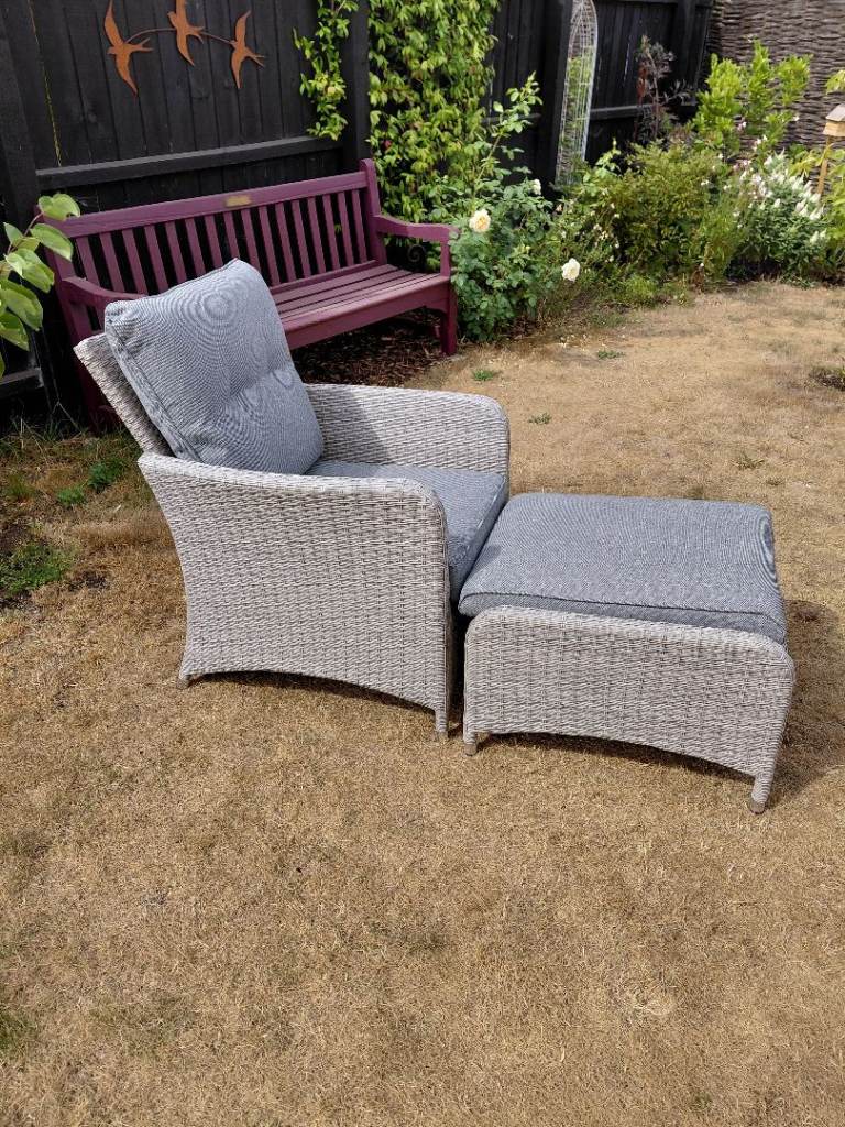 Garden/Conservatory reclining armchair with footstool and grey cushions