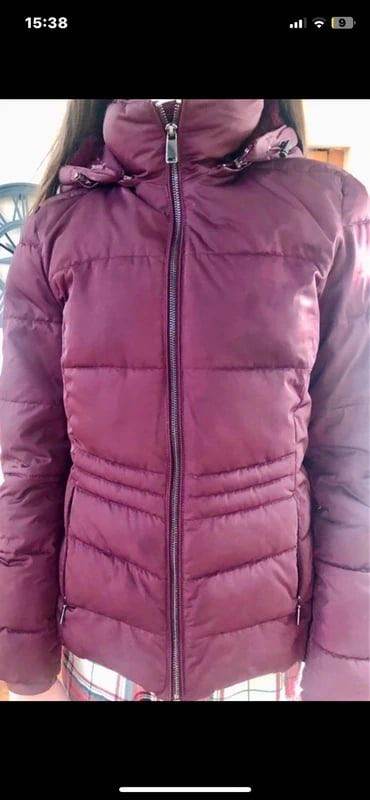 Burgundy coat with faux fur trim hood
