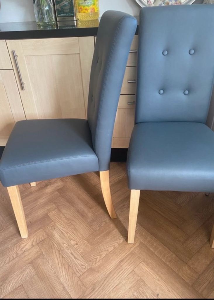 Oak Furniture - Grey Leather Dining table Chairs
