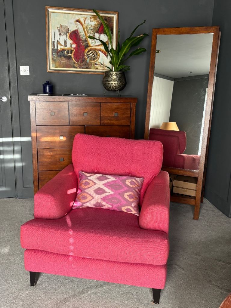 Lovely Contemporary John Lewis Arm Chair in vibrant pink plus complementary scatter cushion
