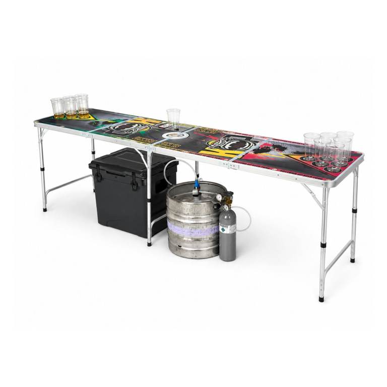 Bottoms Up beer pong table with built in cooler, pours at the table