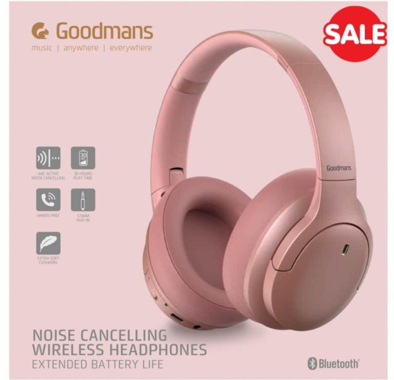 Goodmans Wireless Noise Cancelling Bluetooth Headphones Pink - 30hr Battery NEW