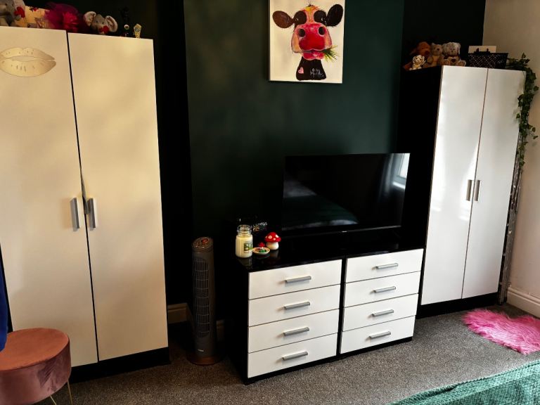 Black and White Wardrobe x2  & Bedside Table Set – Good Condition
