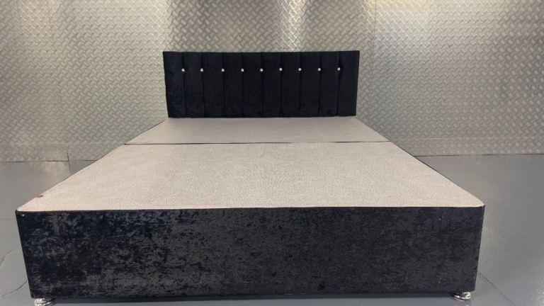 King Size Black Velvet Ottoman Bed Frame 150cm – Diamond Button Headboard – Used