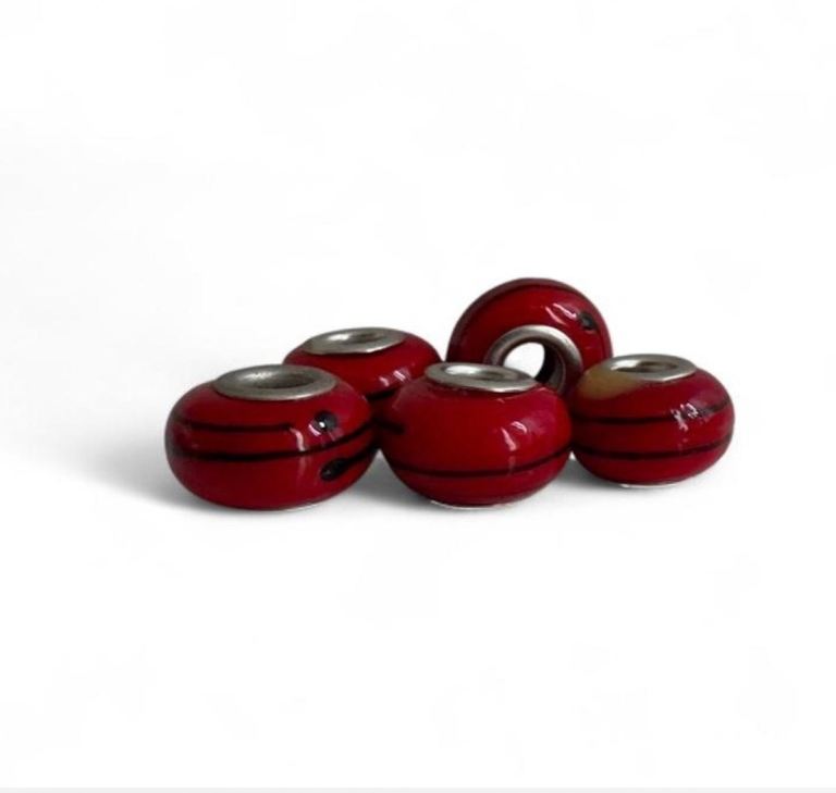 5 Red glass beads with black stripes - ideal for charm bracelet, necklace or earrings Bracelets