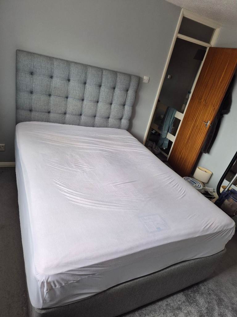 Grey King Divan Bed Base with Tufted Headboard and mattress – Good Condition