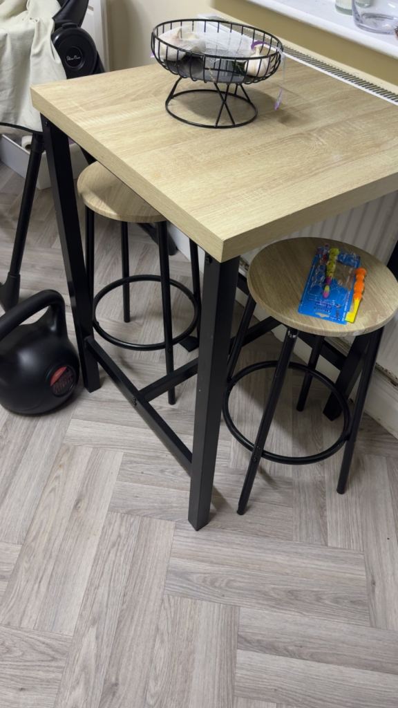 Compact Wooden Bar Table with Two Stools – Good Condition