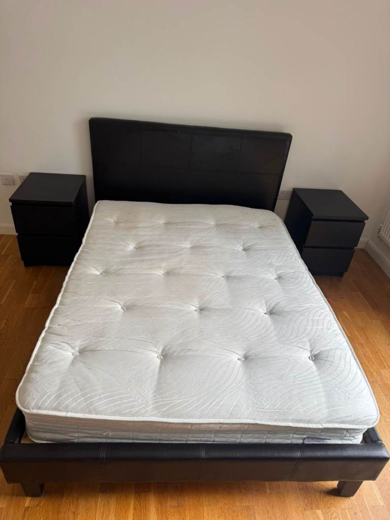 Double Bed Frame with Mattress and Bedside Tables – Black, Good Condition