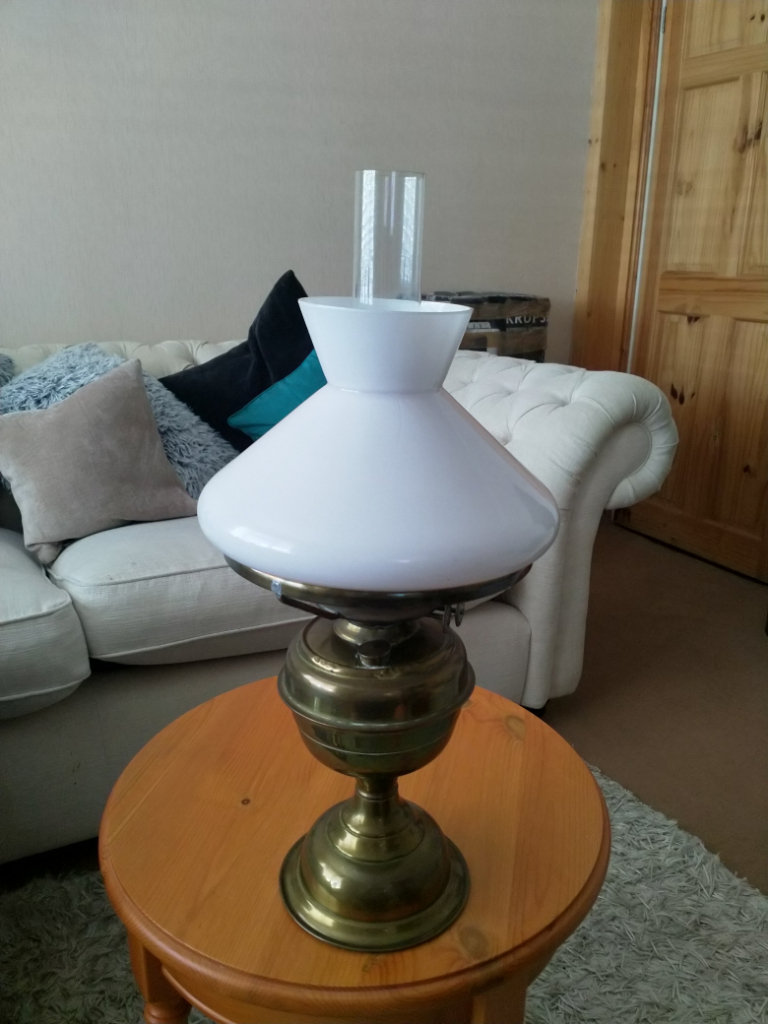 HUGE DUPLEX OIL PARAFFIN LAMP BRASS WHITE GLASS SHADE & CLEAR GLASS CHIMNEY