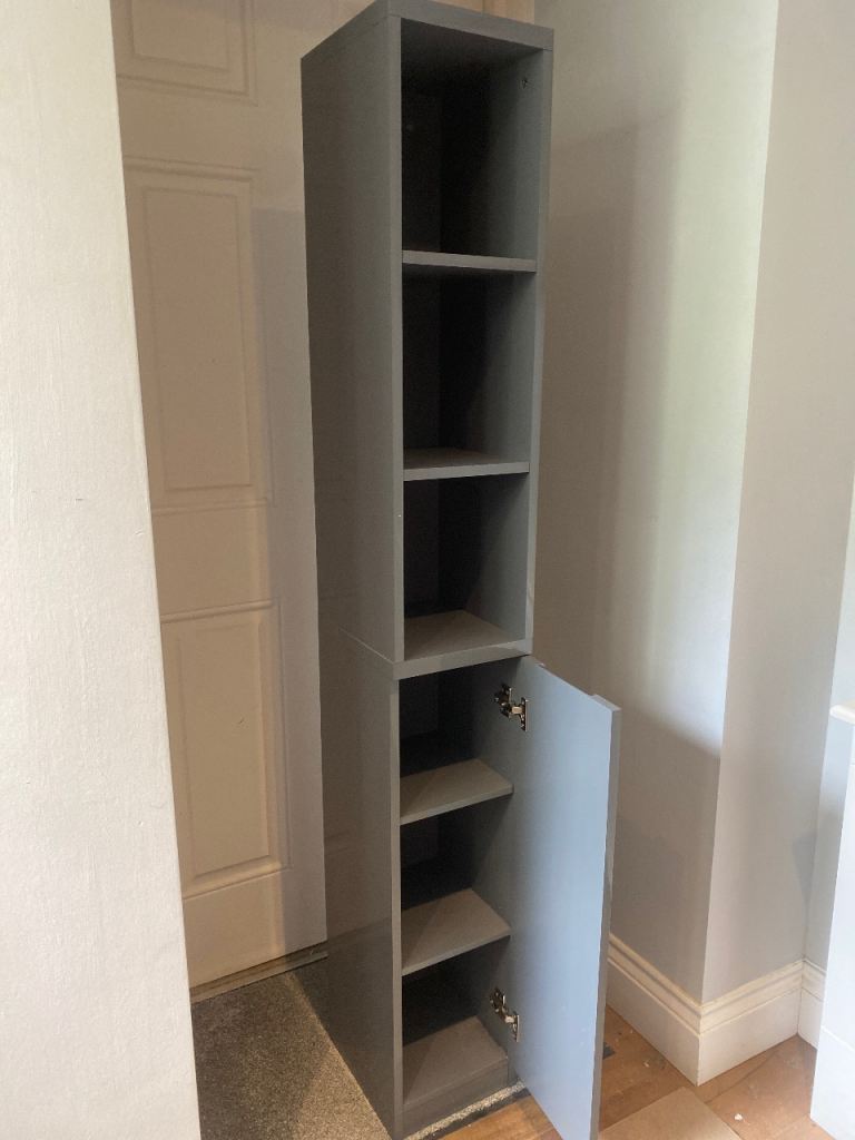 Tall Gloss Grey Bathroom Storage Unit with Shelves and Cupboard