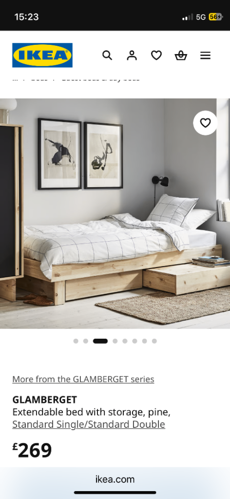 GLAMBERGET Extendable bed with storage, pine, Standard Single/Standard Double