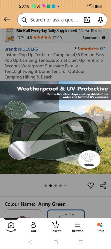 Niuevlrs pop up 4-6 man tent RRP 90