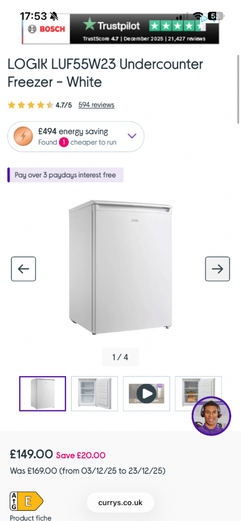 Logik Undercounter freezer - white - brand new still in box 