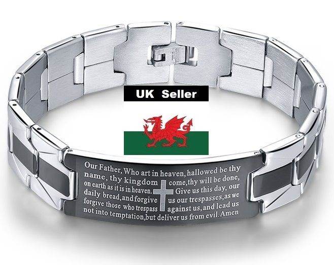 Gents Lord's Prayer Stainless Steel Bracelet 20 cm 8" (Links Can Be Removed) Black & Silver