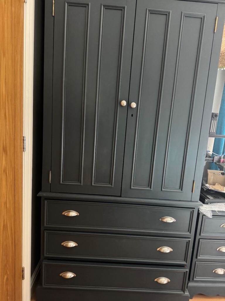 Painted grey Pine Wardrobe & 2 Bedside Cabinets 