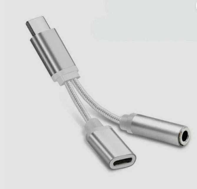 USB Type-C To 3.5mm Jack AUX Headphone Audio Splitter Converter Adapter Cable - Silver Weave 