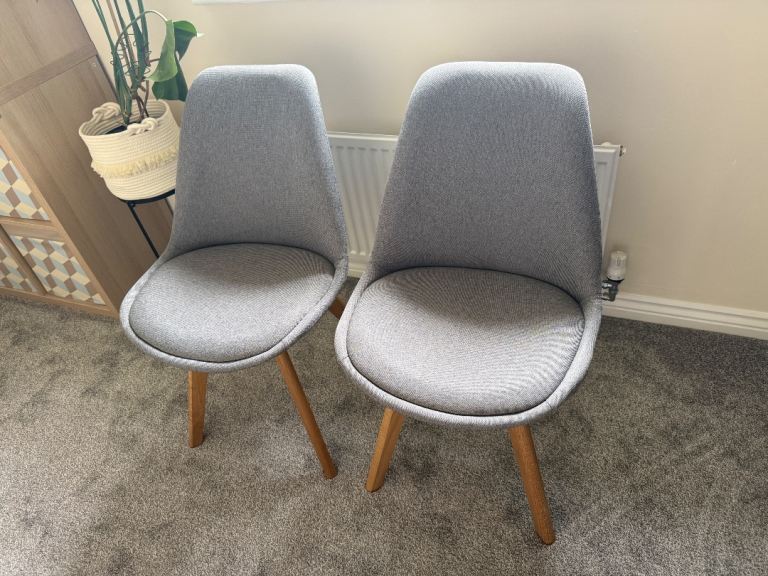 Pair of Grey Fabric Dining Chairs with Wooden Legs – Good Condition