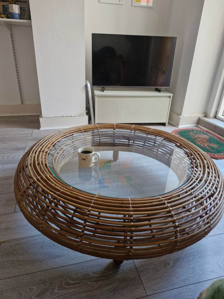 Rattan + glass coffee table