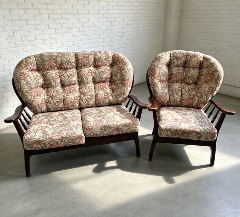 Vintage Ercol Style Wooden  Sofa and Armchair Set – Floral Upholstery