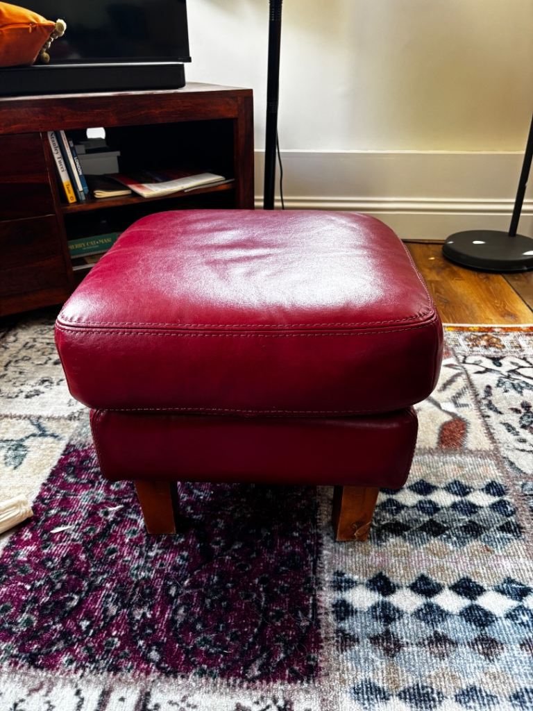 Red Leather Footstool / Ottoman – Good Condition