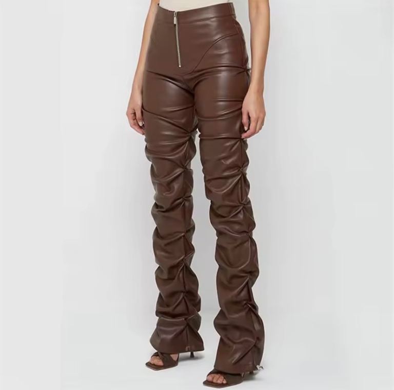 Ruffled ruched Maniere Du Voir inspired Runway Faux Leather Pants