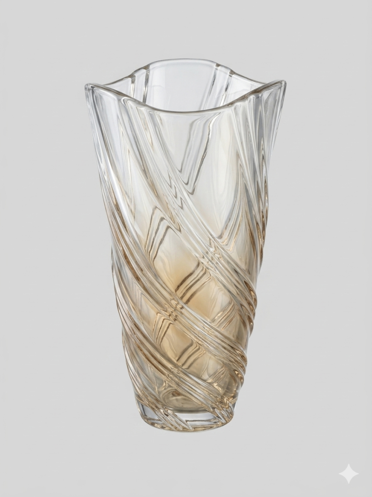 Vintage Amber Glass Vase Twisted Swirl Ribbed Optical Art Deco Mid Century Modern