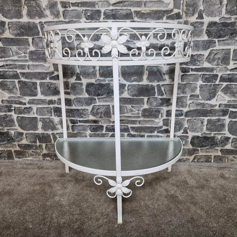 White Wrought Iron & Glass Wall Shelf / Console Table