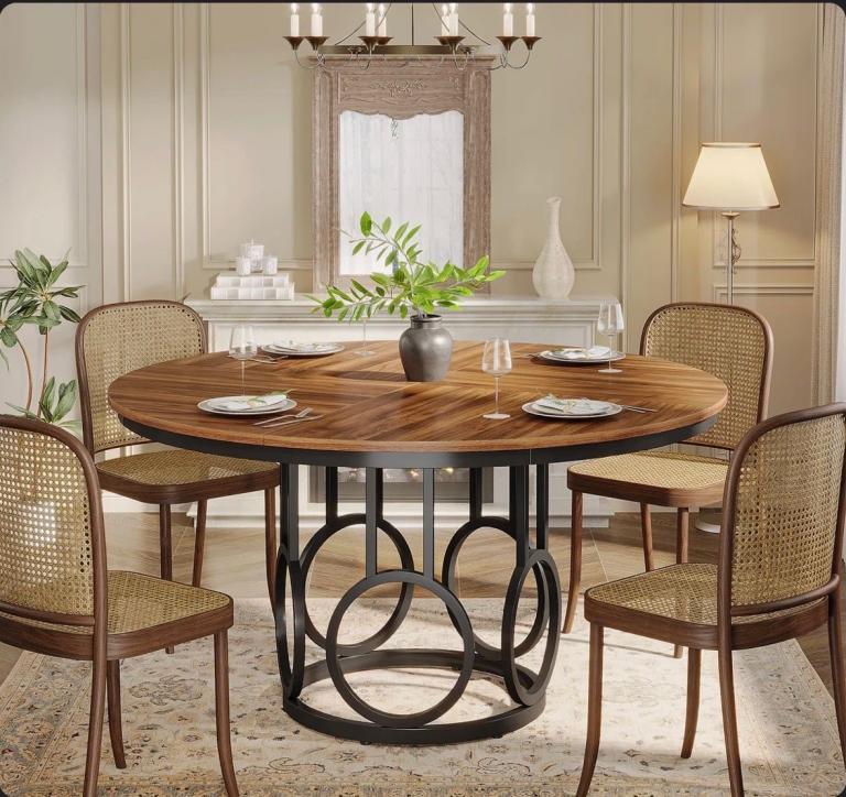 BRAND NEW 120cm Round Dining Table for 4 People, Rustic Dining Room Table with Metal Base