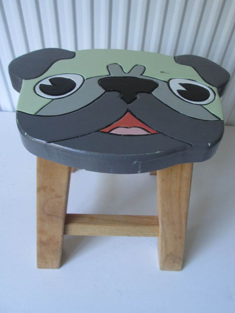 Child's Wooden Stool with Pug/French Bulldog type face on seat. Four legs.